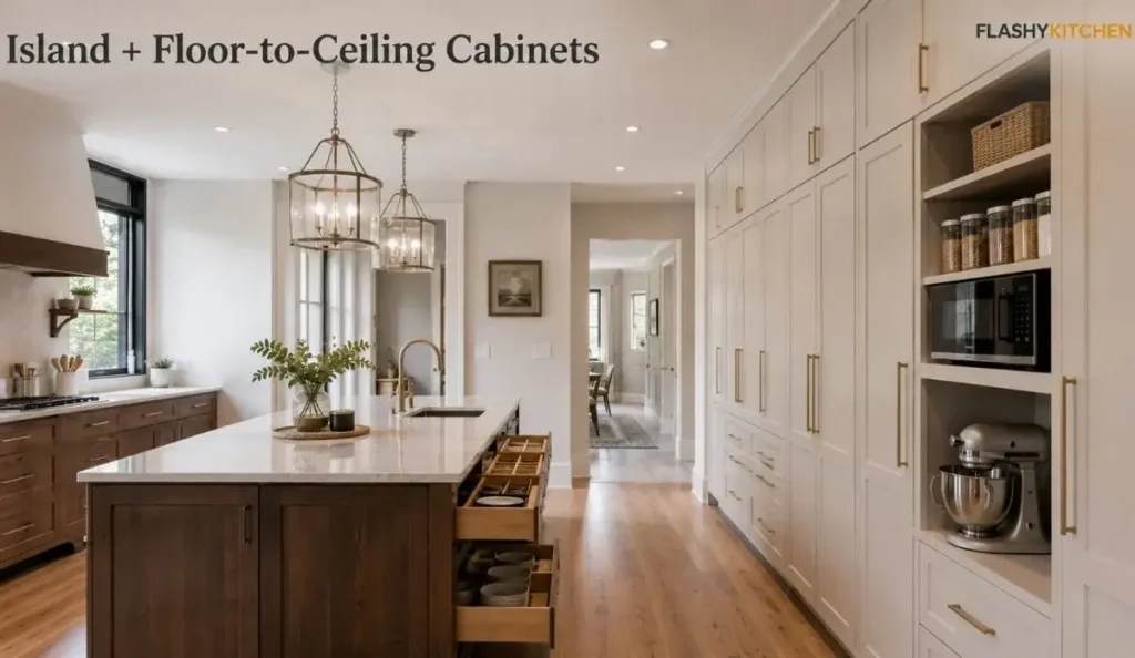 Modern kitchen with a large storage island and floor-to-ceiling pantry cabinets providing maximum kitchen storage.