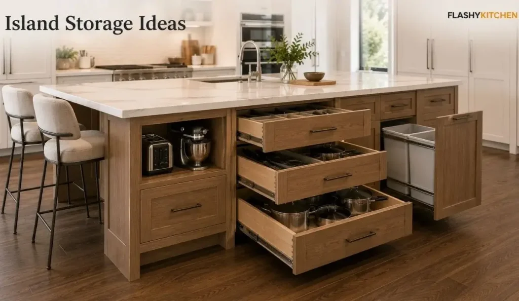 Modern kitchen island with deep drawers, trash pull-out, pot and pan storage, small appliance shelf, and seating overhang.