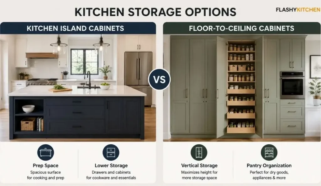 Side-by-side comparison of kitchen island cabinets for prep and lower storage versus floor-to-ceiling cabinets for vertical pantry storage.