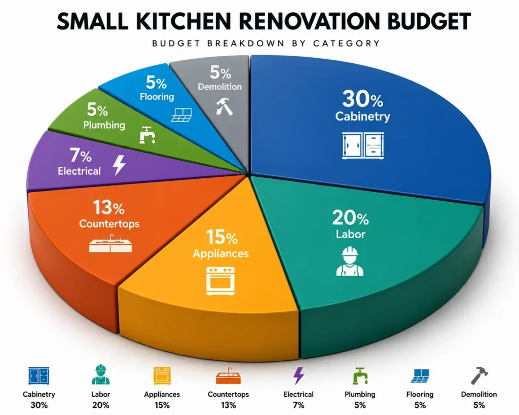 Small kitchen renovation budget breakdown chart showing cabinetry, labor, appliances, countertops, electrical, plumbing, flooring, and demolition costs.