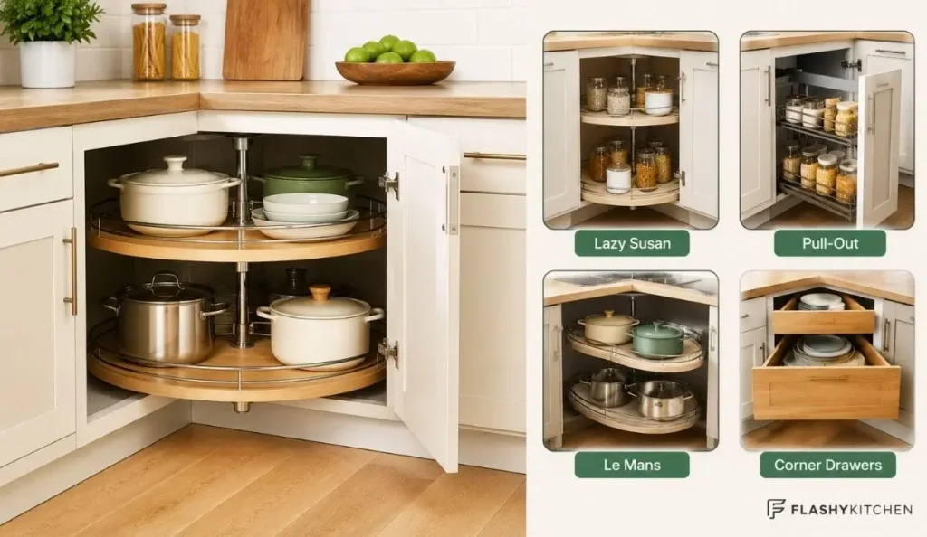 L-shaped kitchen corner cabinet storage featuring Lazy Susan, pull-out organizer, Le Mans shelves, and corner drawers in a modern kitchen design.