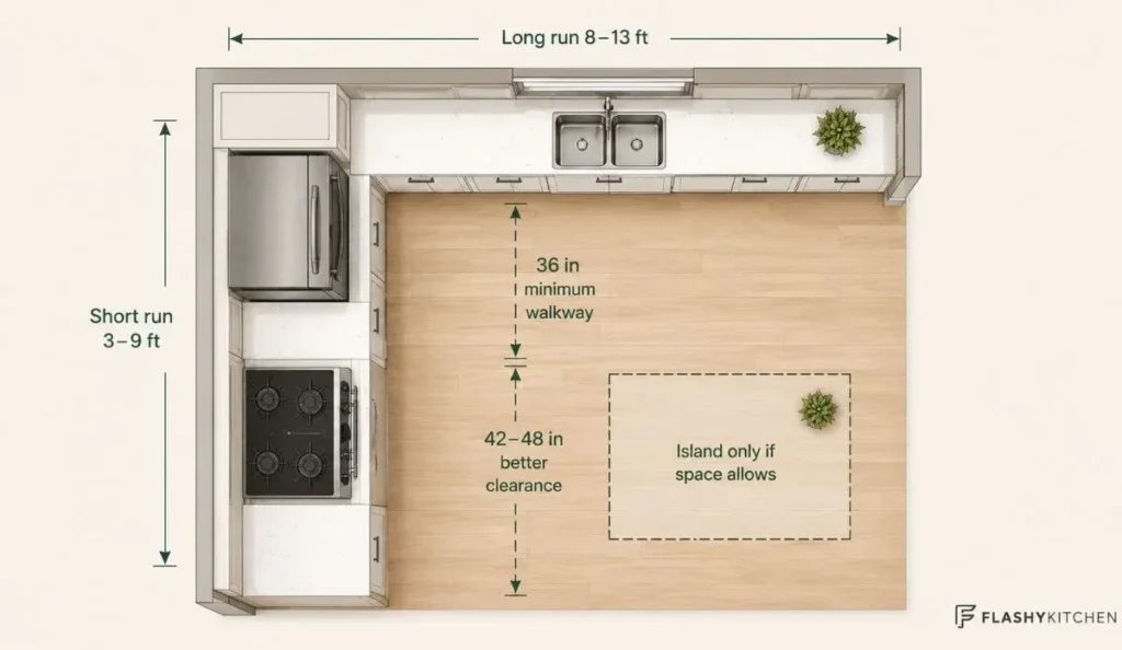 Top-down L-shaped kitchen dimensions infographic showing minimum walkway clearance, recommended spacing, cabinet run lengths, and island placement guidelines.