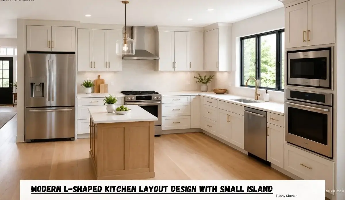 Bright modern L-shaped kitchen layout featuring light shaker cabinets, quartz countertops, warm wood flooring, stainless steel appliances, and a small island with open traffic flow.