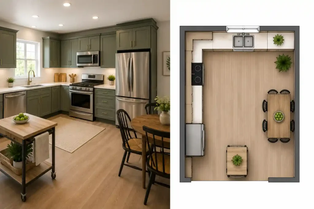 L-shaped kitchen layout featuring open floor space, dining area, and flexible kitchen cart storage.