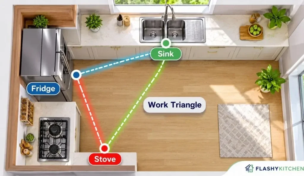 Top-down L-shaped kitchen work triangle diagram showing the fridge, sink, and stove connected by a triangle layout for efficient kitchen workflow.