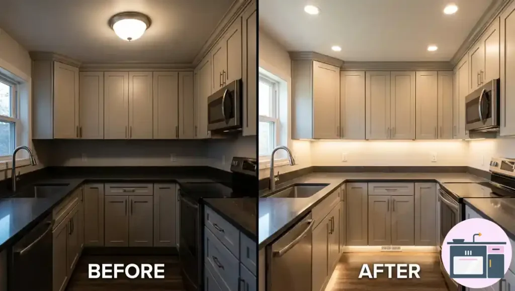 Small kitchen with recessed lighting, under-cabinet LEDs, and bright task lighting