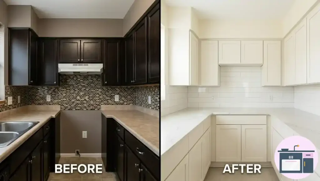Bright small kitchen using warm white cabinets and light neutral color palette