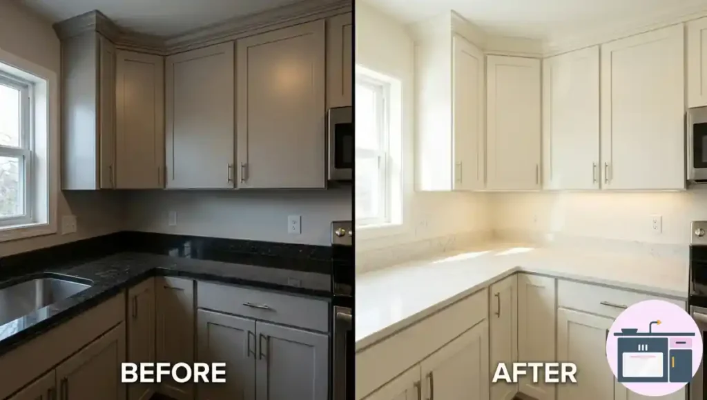 Small kitchen featuring light quartz countertops with subtle veining and clean design