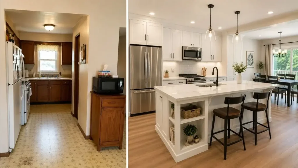 Major small kitchen transformation before and after featuring an open floor plan, ceiling-height white cabinets, quartz countertops, and breakfast bar seating