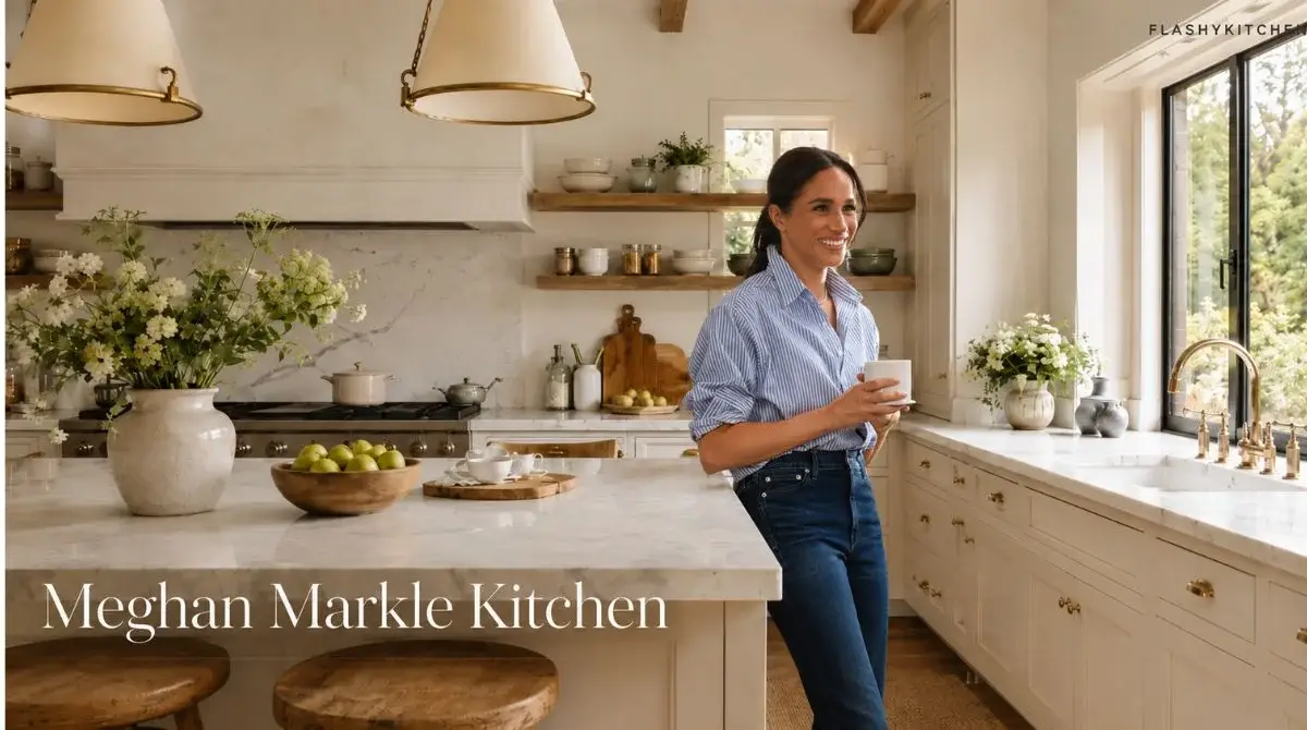 Meghan Markle kitchen inspired Montecito style with warm white cabinets, marble countertops, brass hardware, and natural decor