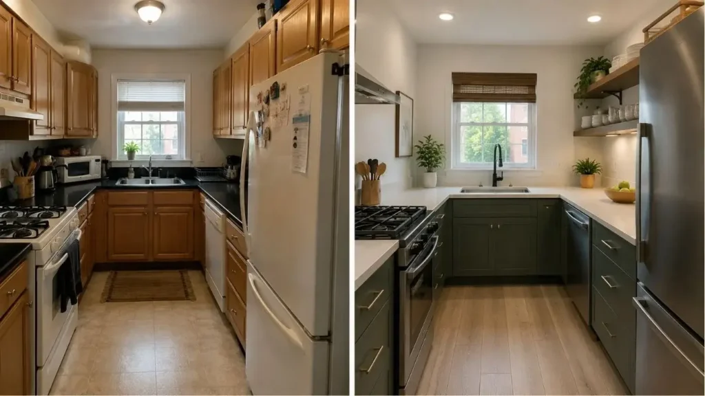 Mid-range small kitchen remodel before and after with quartz countertops, open shelving, compact appliances, and luxury vinyl flooring