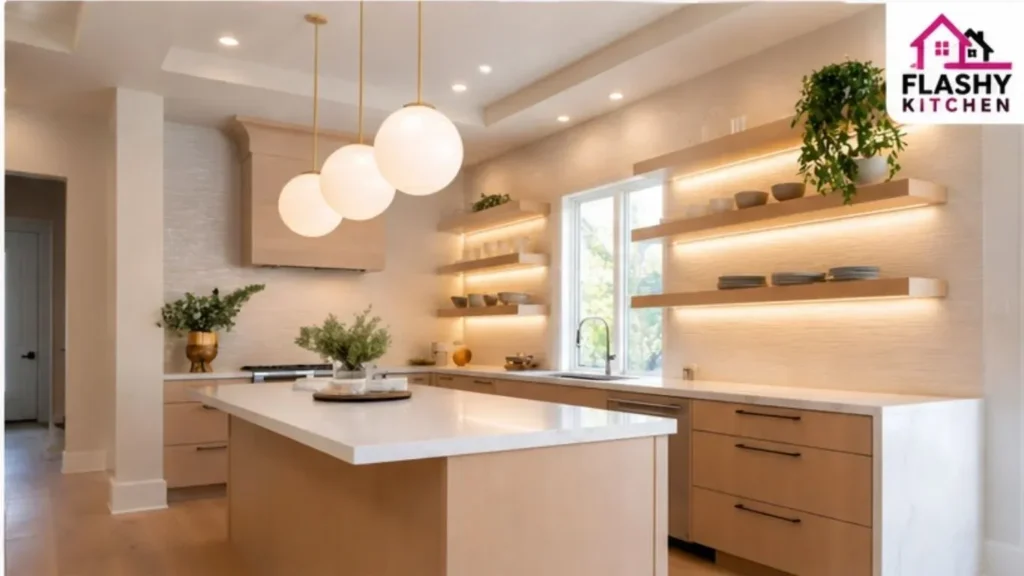 Modern galley kitchen renovation featuring floating shelves, warm LED lighting, light wood cabinetry, and a large island.