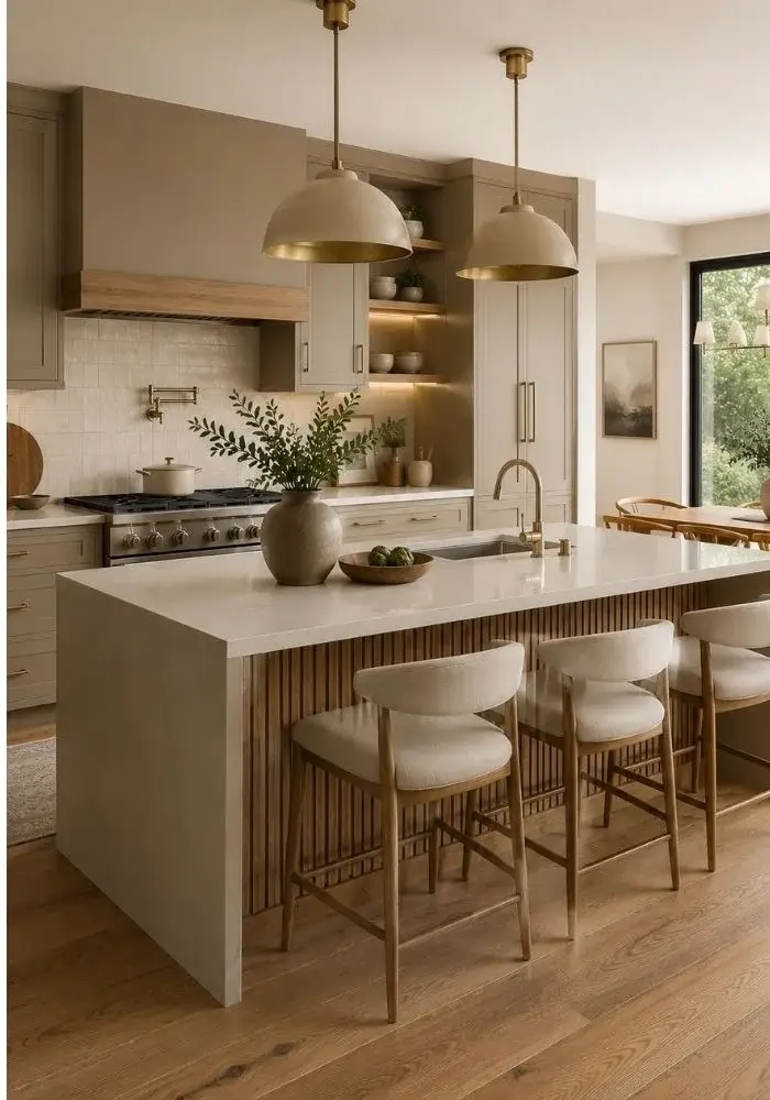 Mushroom beige kitchen cabinets with rich putty finish, white waterfall island, brass lighting, and modern organic kitchen design