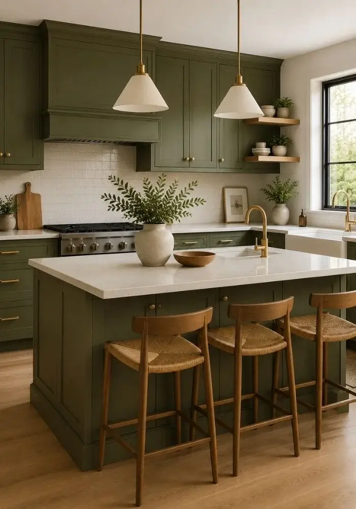 Olive green kitchen cabinets with earthy moss finish, brass hardware, white quartz countertops, and modern European kitchen design