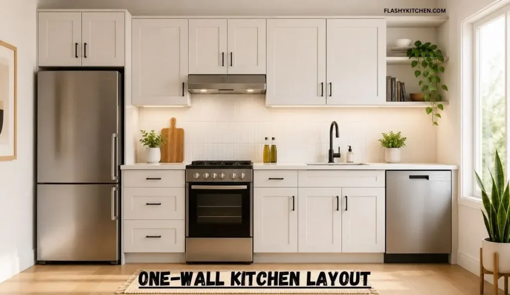 One-wall kitchen layout with compact appliances and tall cabinets