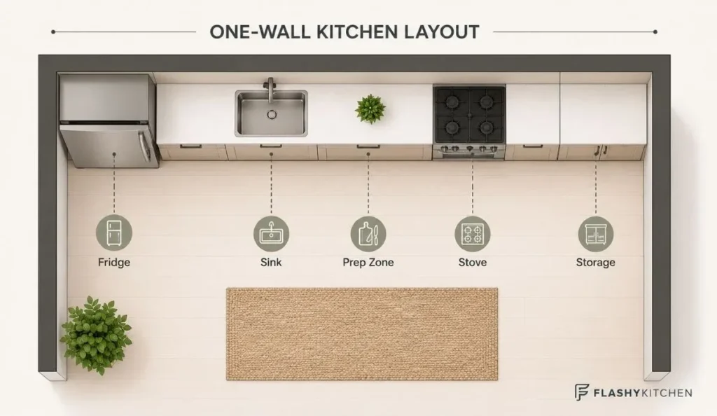 Top-down one-wall kitchen layout diagram showing fridge, sink, prep zone, stove, and storage arranged along a single cabinet run.