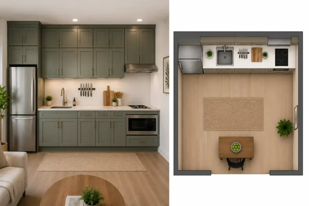 One-wall kitchen layout with ceiling-height cabinets, compact appliances, and efficient storage solutions.