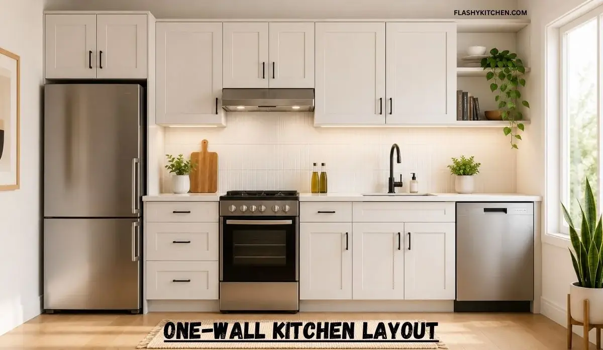 One-wall kitchen layout with compact appliances and tall cabinets