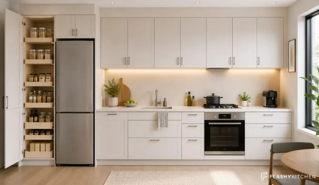 One-wall kitchen storage wall with tall pantry cabinets, drawers, and compact appliances
