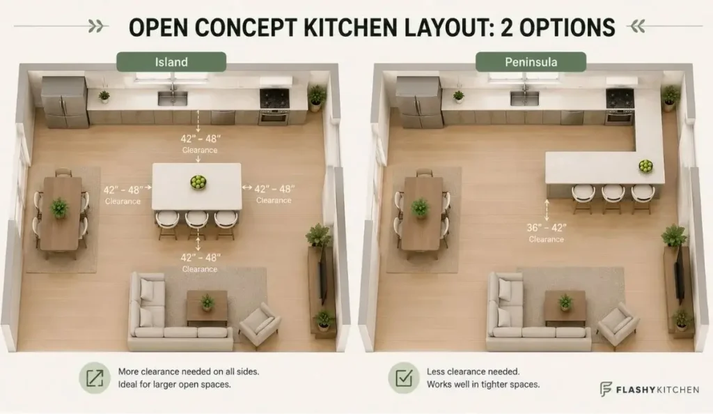 Open concept kitchen layout comparison showing a kitchen island and kitchen peninsula with different clearance requirements and seating arrangements.