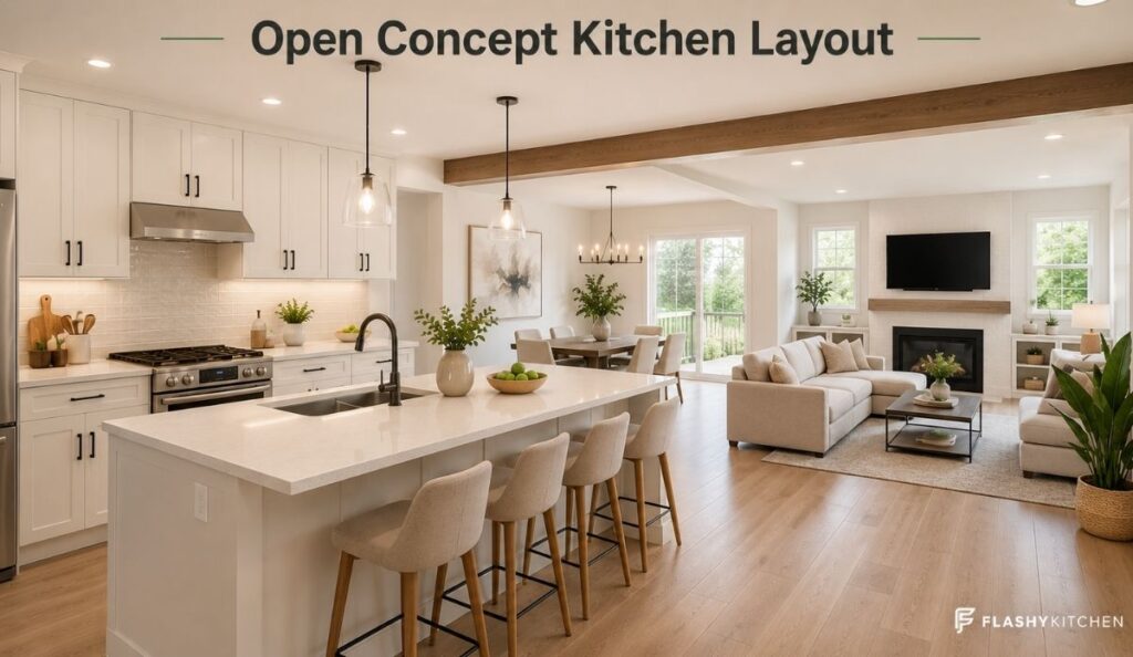 Bright open concept kitchen layout with a large island, light shaker cabinets, quartz countertops, dining area, and connected living room.