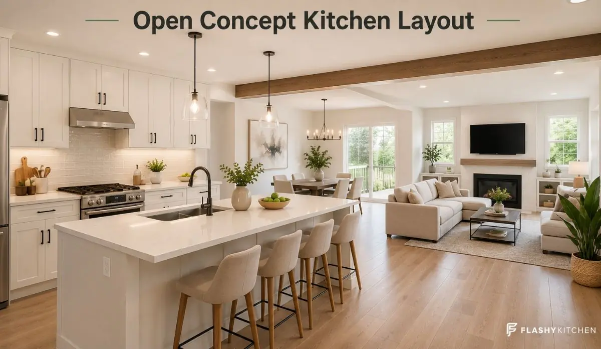 Bright open concept kitchen layout with a large island, light shaker cabinets, quartz countertops, dining area, and connected living room.
