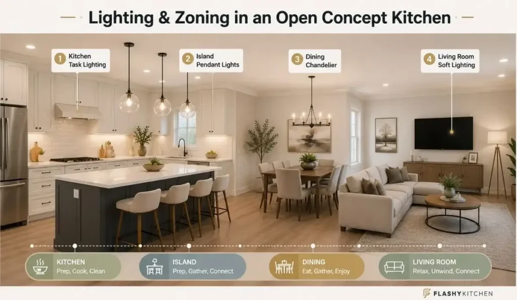 Open concept kitchen lighting and zoning infographic showing kitchen task lighting, island pendant lights, dining chandelier, and living room soft lighting.