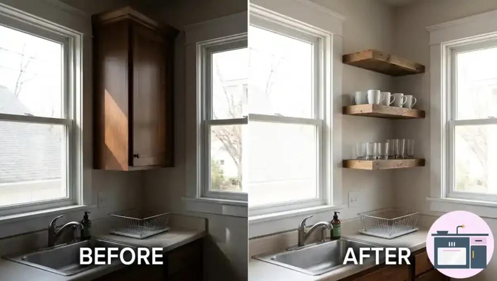 Before and after kitchen makeover with floating shelves replacing upper cabinets near a window