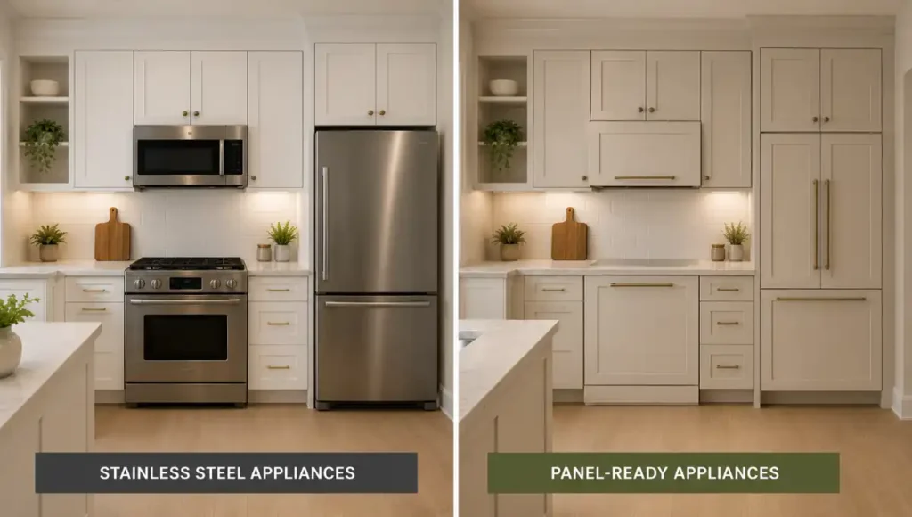 Panel-ready appliances blending seamlessly with kitchen cabinets in a small kitchen