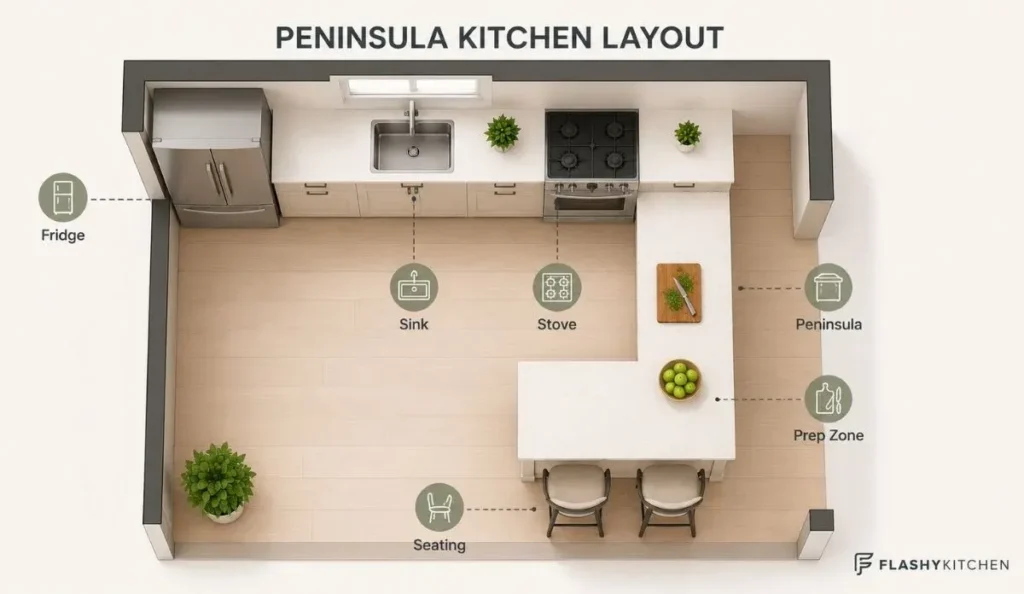 3D top-down peninsula kitchen layout diagram showing fridge, sink, stove, prep zone, seating area, and attached peninsula counter.