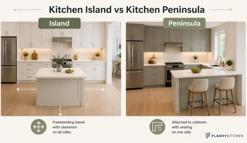 Side-by-side comparison of a kitchen island and kitchen peninsula showing layout differences, seating options, and space requirements.