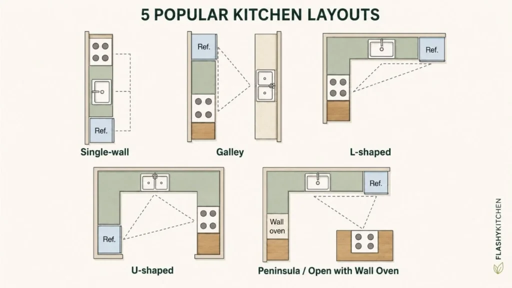 Infographic showing single-wall, galley, L-shaped, U-shaped, and peninsula kitchen layouts