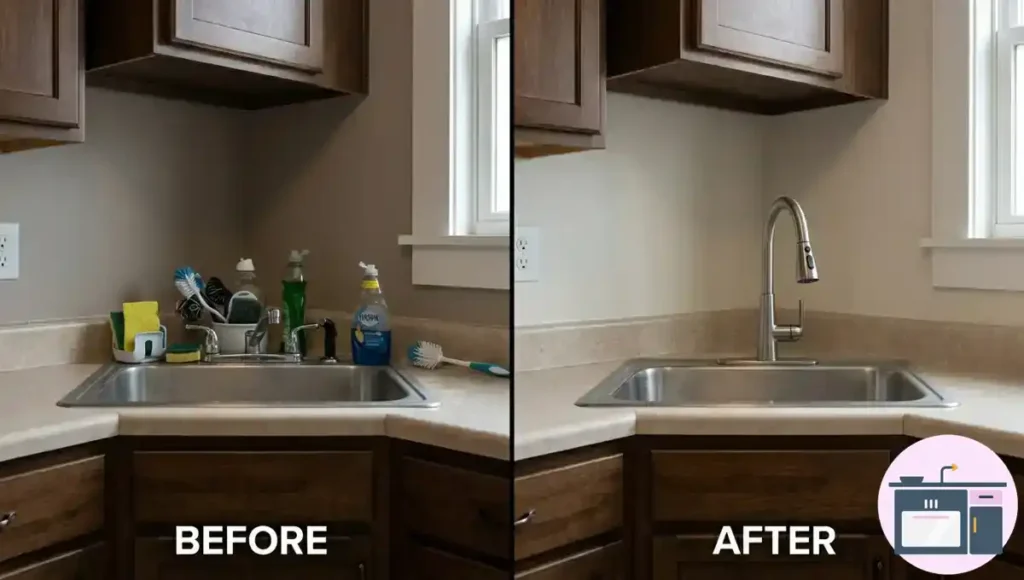 Modern pull-down faucet installed in a compact kitchen for easier cleaning and washing