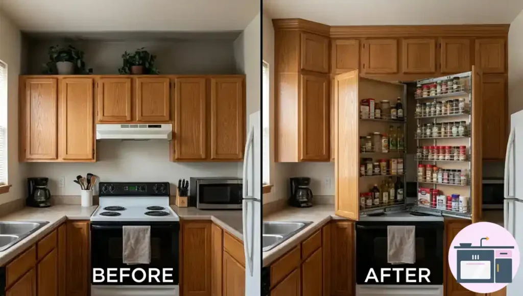 Slim pull-out pantry cabinet with organized spices and pantry items in a small kitchen