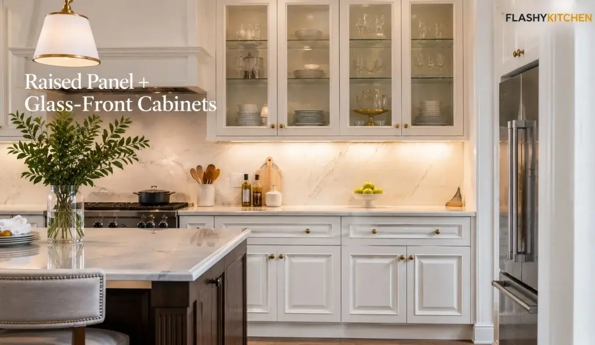 Traditional kitchen with white raised panel lower cabinets and glass-front upper cabinets displaying neatly arranged dishes.