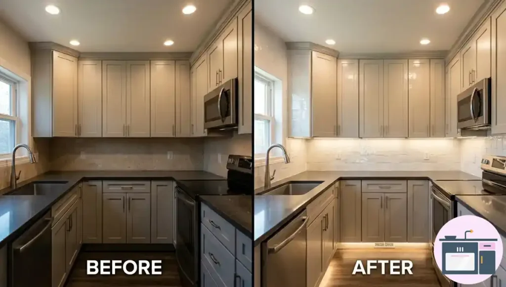 Bright kitchen with glossy backsplash reflecting natural light and creating visual depth