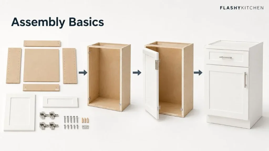 Ready-to-assemble kitchen cabinet parts with assembly steps showing cabinet panels, hinges, screws, doors, and a finished shaker cabinet.