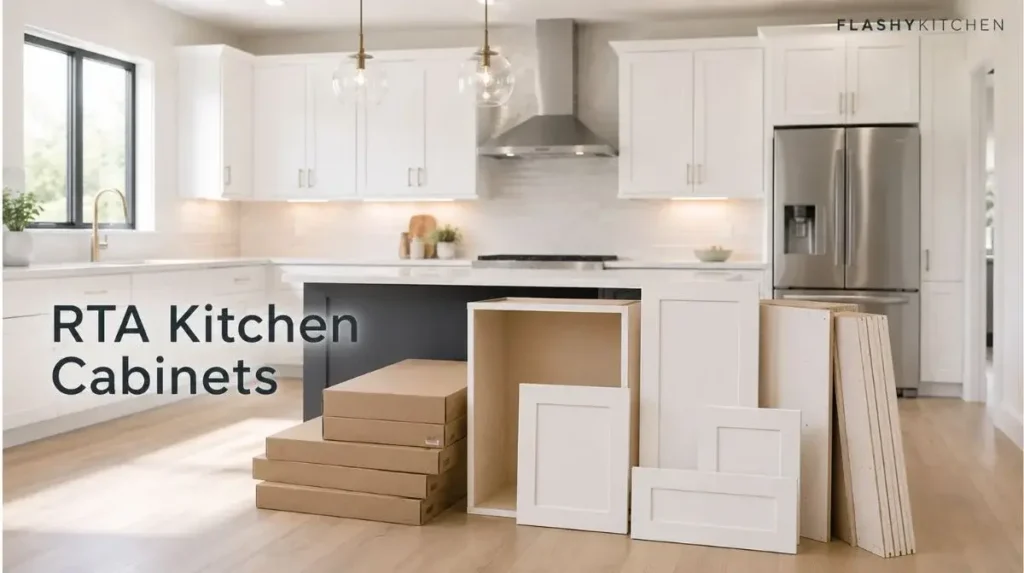 Modern kitchen with RTA kitchen cabinets, flat-pack cabinet boxes, cabinet doors, and finished white shaker cabinets.