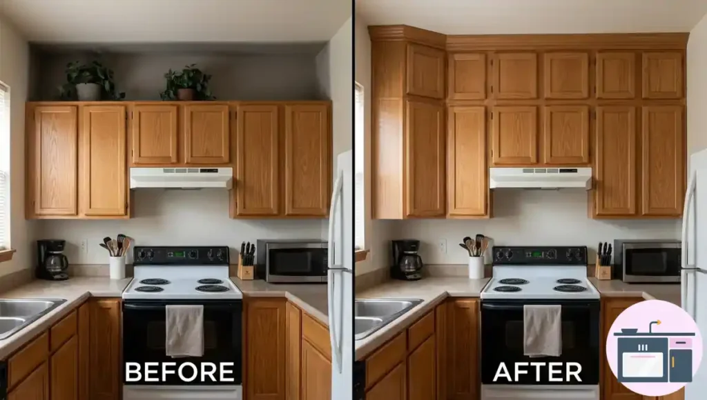 Before and after small kitchen renovation showing ceiling height cabinets for extra storage