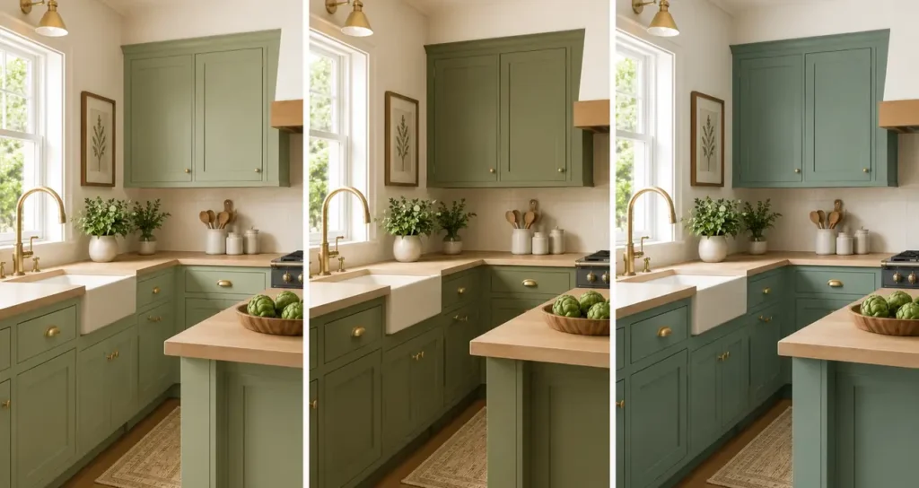 sage green kitchen cabinet color comparison with light wood countertops and brass hardware