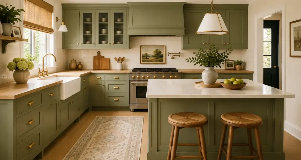 sage green kitchen cabinets with light wood countertops and brass hardware