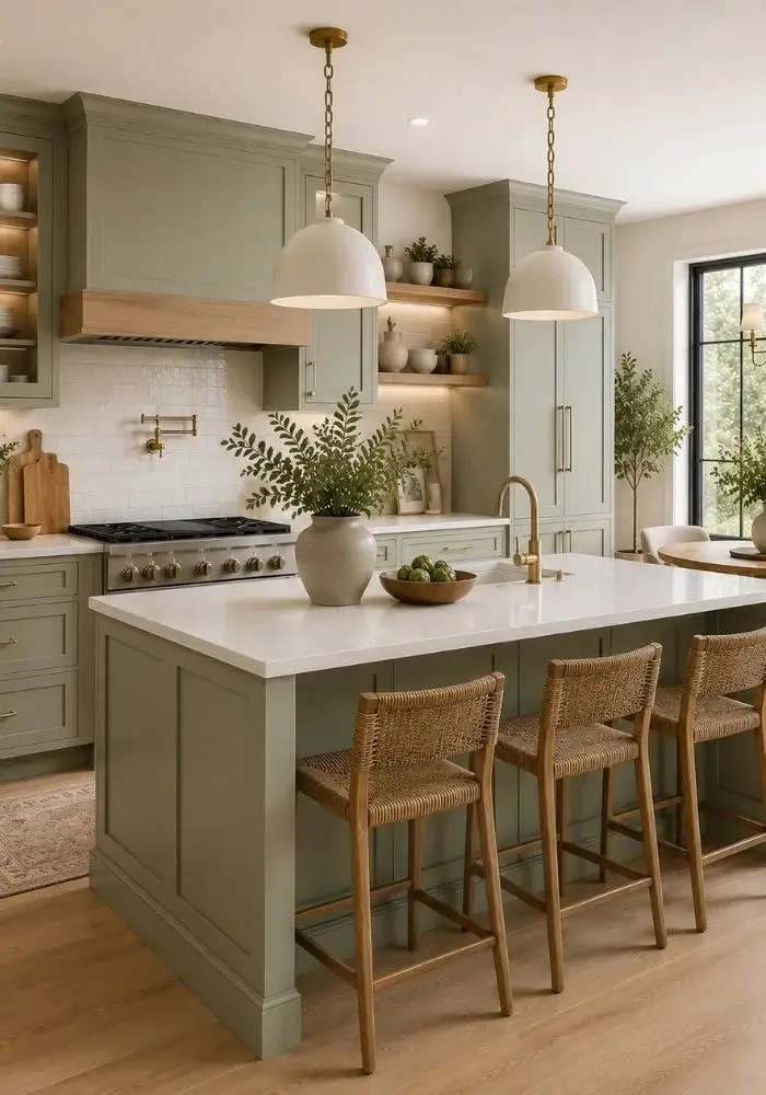 Sage green kitchen cabinets with soft eucalyptus finish, white quartz countertops, brass fixtures, and organic modern kitchen design