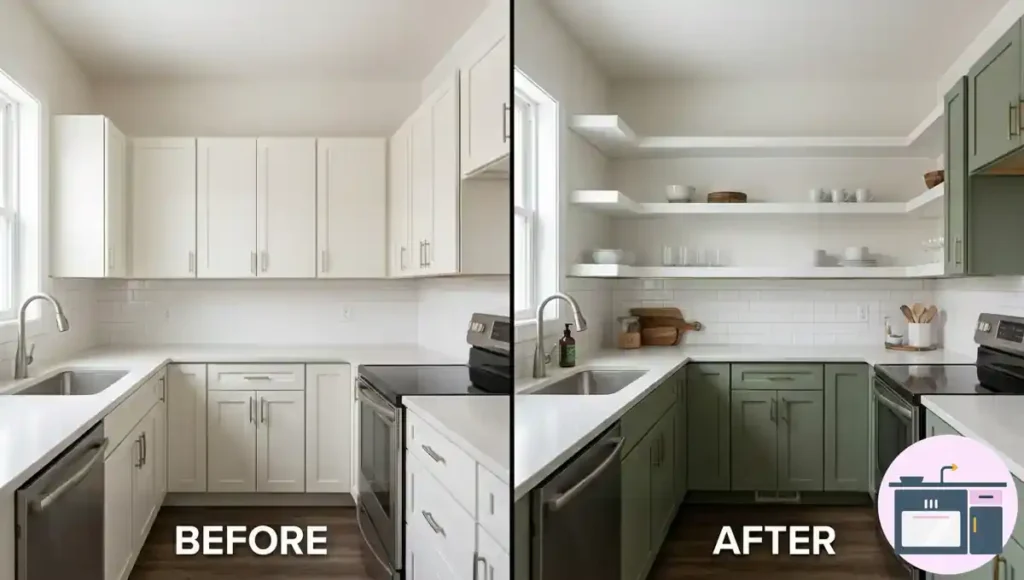 Small kitchen renovation featuring soft sage green cabinets and modern design
