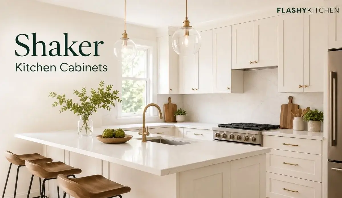 Modern kitchen with white shaker kitchen cabinets, recessed panel doors, quartz countertops, and warm natural lighting.