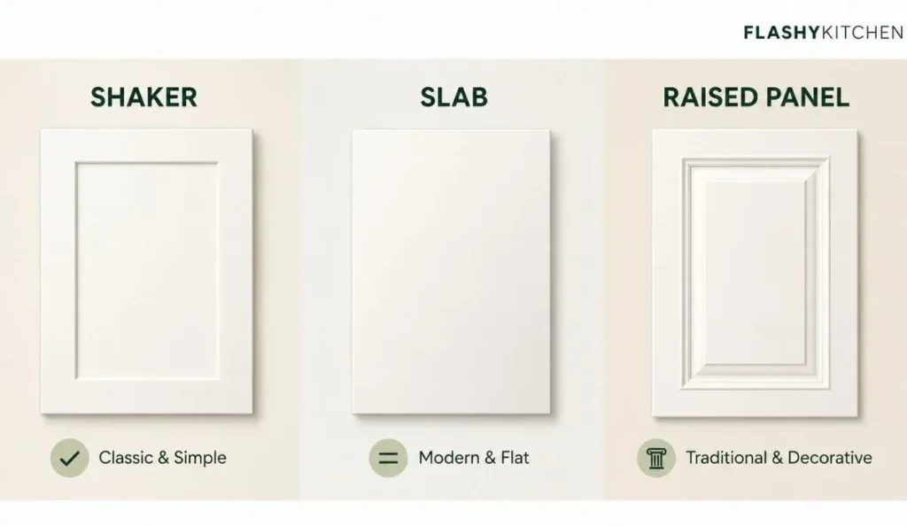 Comparison of shaker, slab, and raised panel cabinet door styles showing classic recessed, flat modern, and decorative traditional cabinet doors.