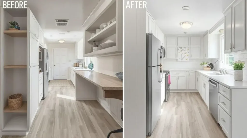 Before and after single wide galley kitchen remodel with white vinyl plank flooring, open shelving, improved walkway space, and a counter-depth refrigerator.