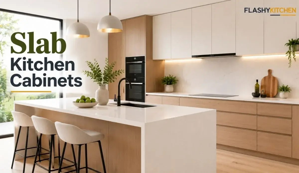 Modern slab kitchen cabinets with flat-panel cabinet doors in matte white and warm wood finishes.
