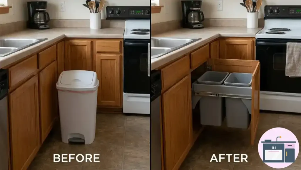 Hidden slide-out trash and recycling bins inside a kitchen cabinet