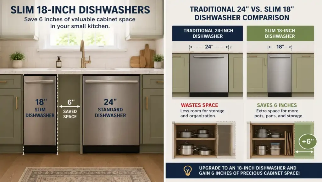 Slim 18-inch dishwasher compared with a standard dishwasher in a small kitchen