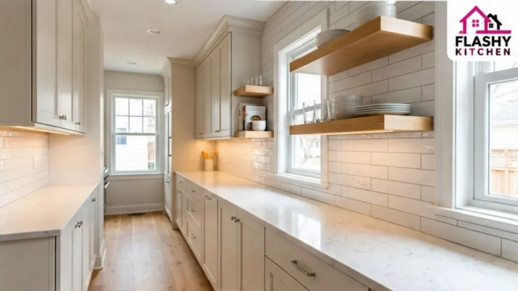Small galley kitchen renovation featuring white cabinets, quartz countertops, open floating shelves, and natural light.
